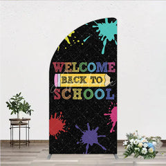Aperturee - Aperturee Colorful Welcome Back to School Half Moon Arch Backdrop with Yellow Pencil and Paint Splashes for Classroom Decor