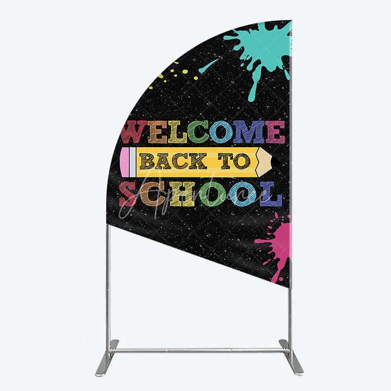 Aperturee - Aperturee Colorful Welcome Back to School Half Moon Arch Backdrop with Yellow Pencil and Paint Splashes for Classroom Decor