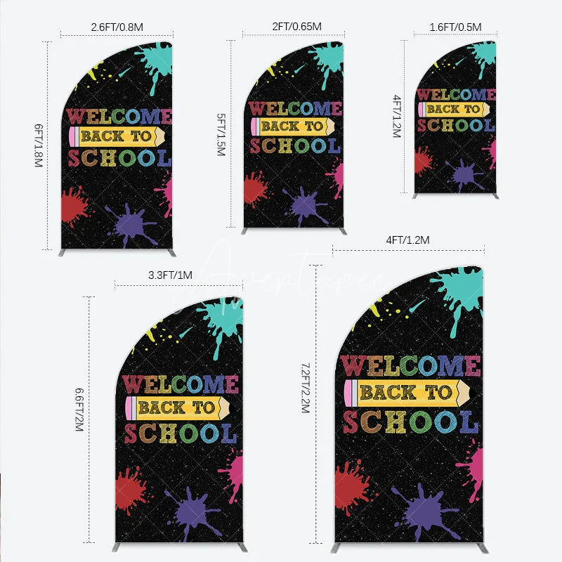 Aperturee - Aperturee Colorful Welcome Back to School Half Moon Arch Backdrop with Yellow Pencil and Paint Splashes for Classroom Decor