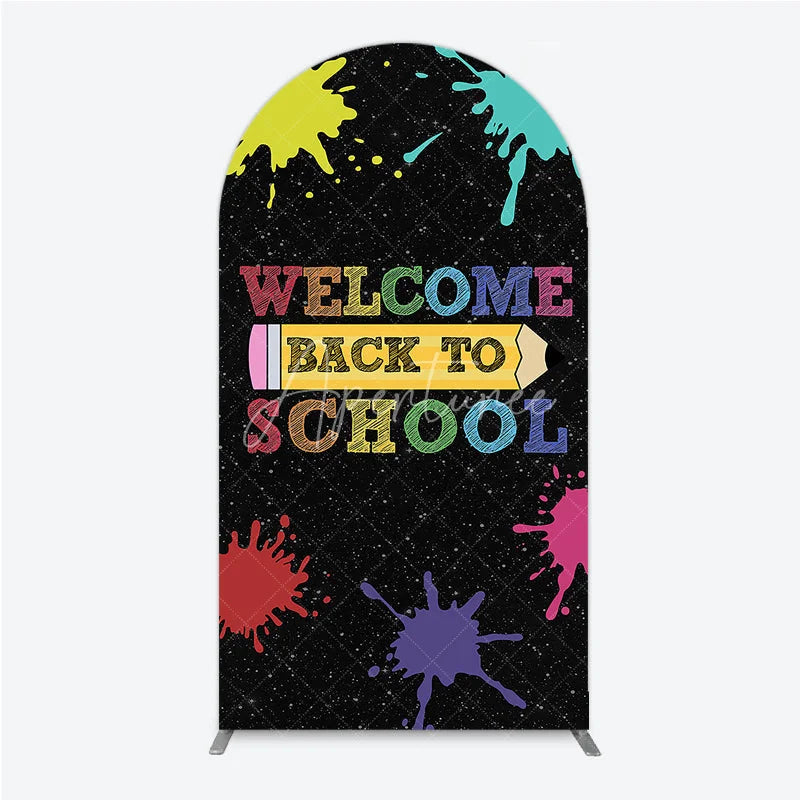 Aperturee - Aperturee Colorful Welcome Back To School Round Top Arch Backdrop with Paint Splatters and Pencil Design Fun Educational Decor