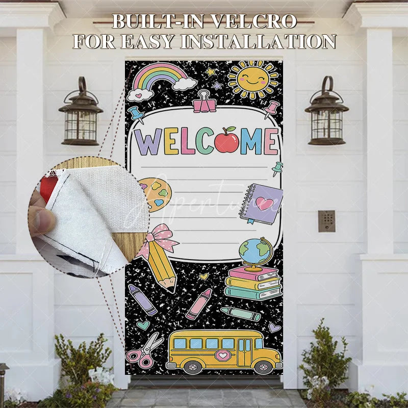 Aperturee - Aperturee Colorful Welcome School Supplies Door Cover featuring Rainbow Sun Books and School Bus for Classroom
