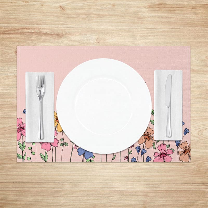 Aperturee - Aperturee Colorful Wild Floral Pink Dining Set of 4 Placemats