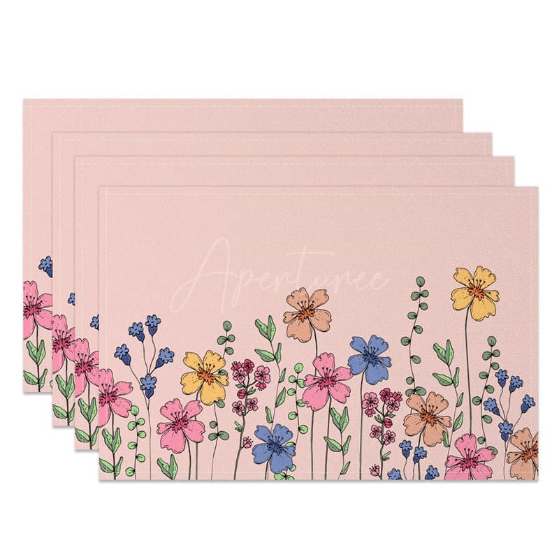 Aperturee - Aperturee Colorful Wild Floral Pink Dining Set of 4 Placemats