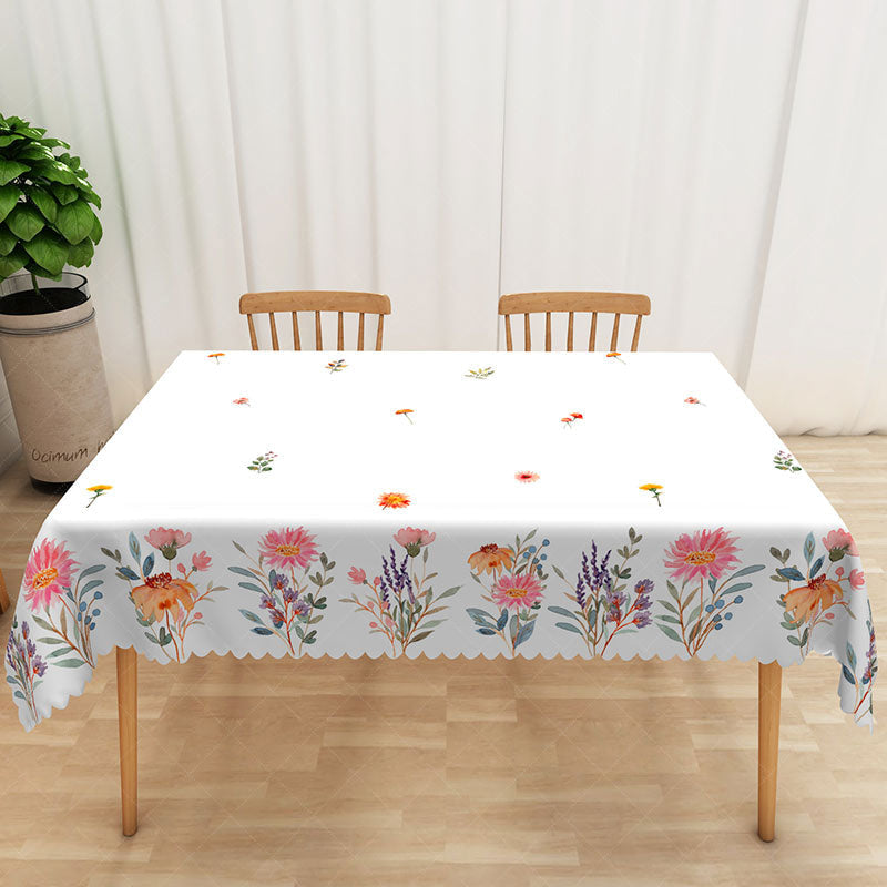 Aperturee - Aperturee Colorful Wildflower Rectangle Tablecloth on White for Spring Garden Party and Botanical Dining Decor