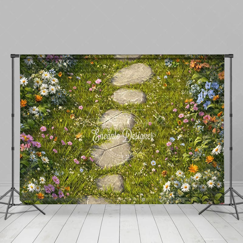 Aperturee - Aperturee Colorful Wildflowers Green Grass Path Photo Backdrop