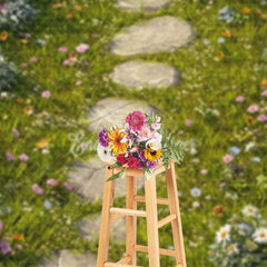 Aperturee - Aperturee Colorful Wildflowers Green Grass Path Photo Backdrop