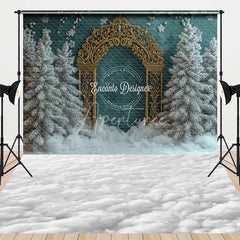 Aperturee - Aperturee Combo Set Backdrop Luxury Teal Wall Gold Arch Winter Snow Floor Background Elegant Christmas Wedding Photo Booth