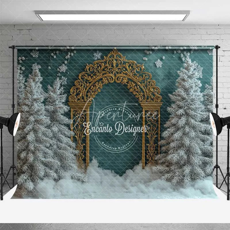 Aperturee - Aperturee Combo Set Backdrop Luxury Teal Wall Gold Arch Winter Snow Floor Background Elegant Christmas Wedding Photo Booth