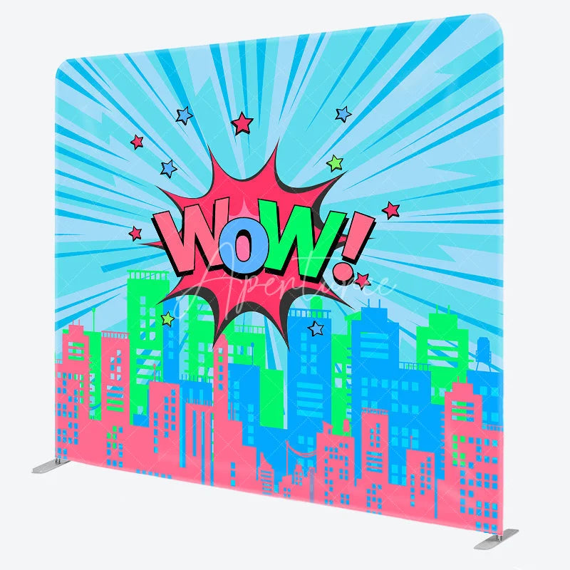 Aperturee - Aperturee Comic City Pop Art Double Sided Backdrop ’WOW!’ Cartoon Buildings Colorful Urban Theme Party Decor