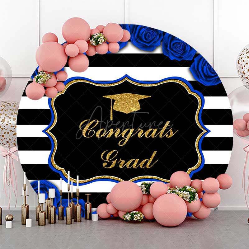 Aperturee Aperturee Congrats Grad Royal Blue Stripes Round Backdrop
