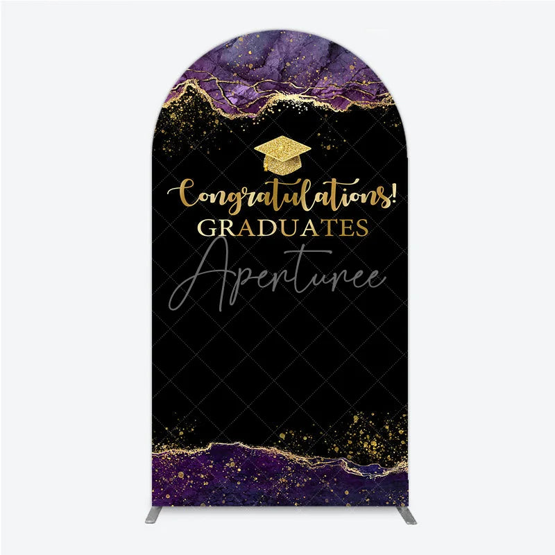 Aperturee - Aperturee Congratulations Graduates Arch Backdrop in Black and Gold Purple Agate with Glitter Elegant Grad Party Photo Booth