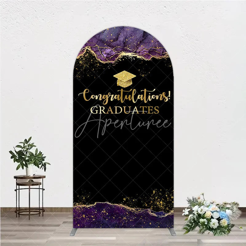 Aperturee - Aperturee Congratulations Graduates Arch Backdrop in Black and Gold Purple Agate with Glitter Elegant Grad Party Photo Booth