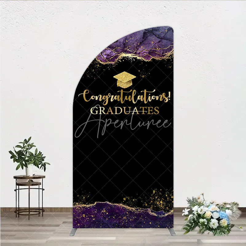 Aperturee - Aperturee Congratulations Graduates Half Moon Arch Backdrop in Black and Gold Purple Agate with Glitter Elegant Grad Party