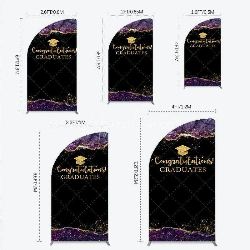 Aperturee - Aperturee Congratulations Graduates Half Moon Arch Backdrop in Black and Gold Purple Agate with Glitter Elegant Grad Party