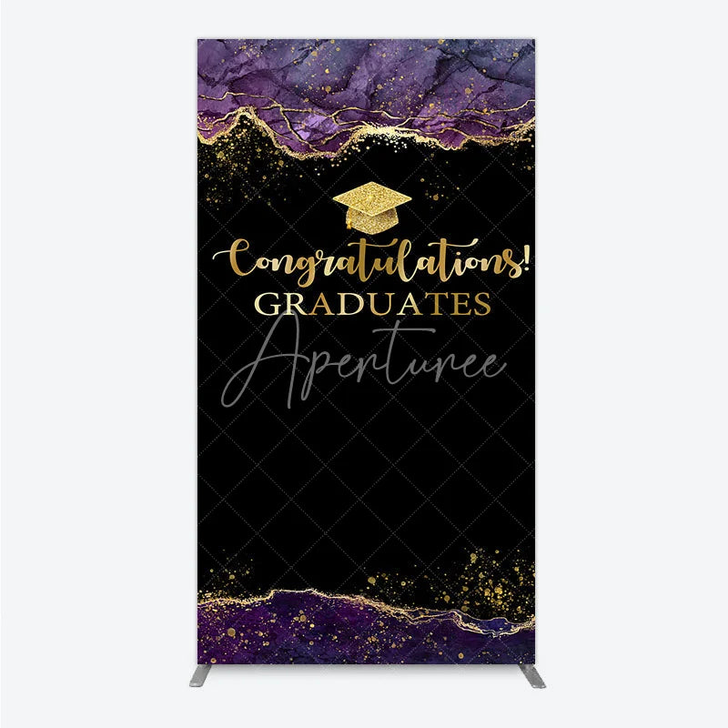Aperturee - Aperturee Congratulations Graduates Rectangle Backdrop in Black and Gold Purple Agate with Glitter Elegant Grad Party Photo