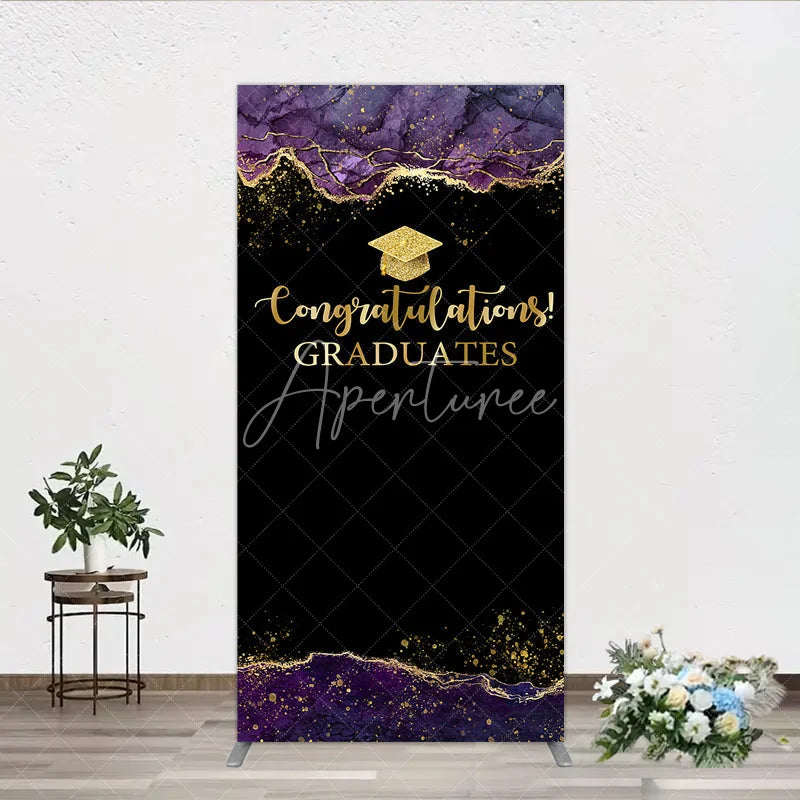 Aperturee - Aperturee Congratulations Graduates Rectangle Backdrop in Black and Gold Purple Agate with Glitter Elegant Grad Party Photo