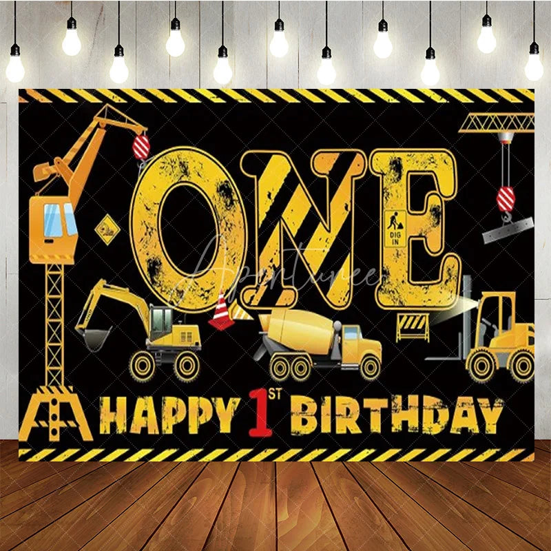 Aperturee - Aperturee Construction 1st Birthday Backdrop ONE Dump Truck Excavator Banner Boys First Birthday Party Supplies Photo Prop