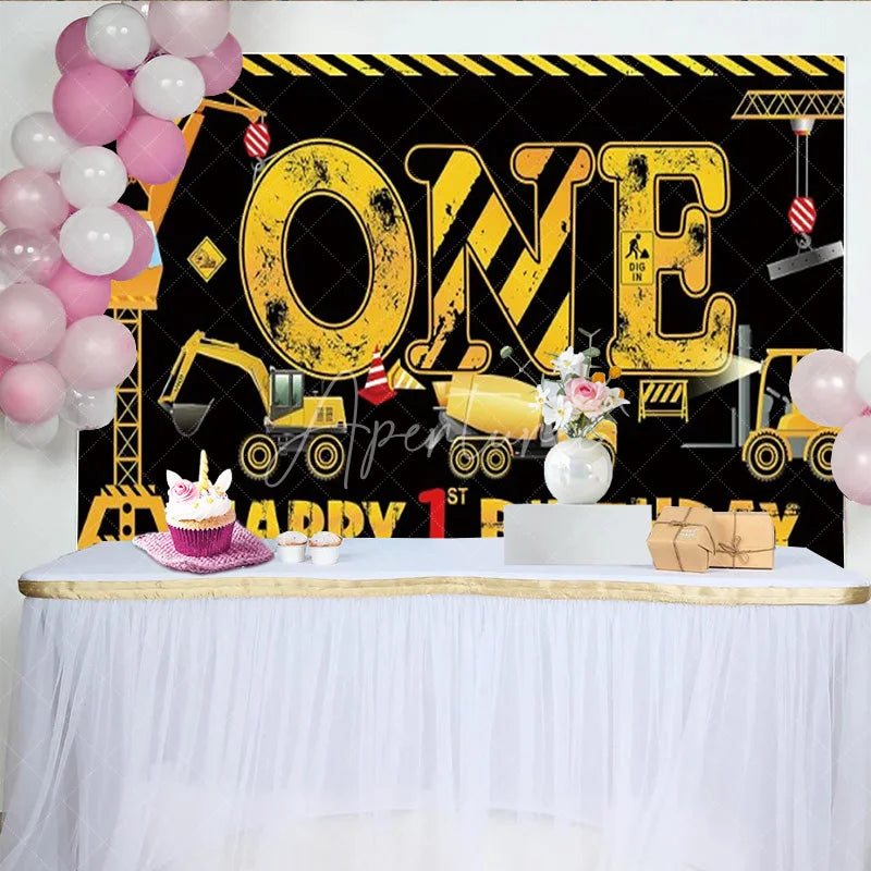 Aperturee - Aperturee Construction 1st Birthday Backdrop ONE Dump Truck Excavator Banner Boys First Birthday Party Supplies Photo Prop