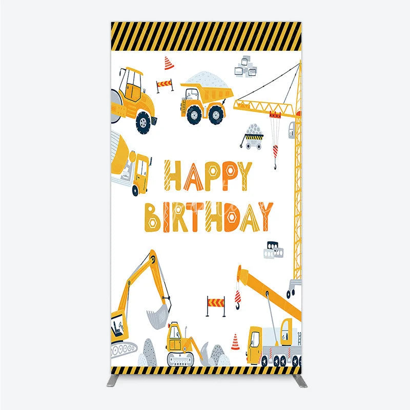 Aperturee - Aperturee Construction Rectangle Backdrop Happy Birthday Vehicles Truck Crane Party Supplies Decor