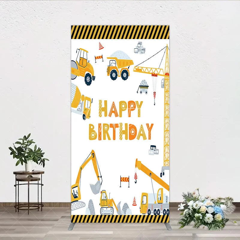 Aperturee - Aperturee Construction Rectangle Backdrop Happy Birthday Vehicles Truck Crane Party Supplies Decor