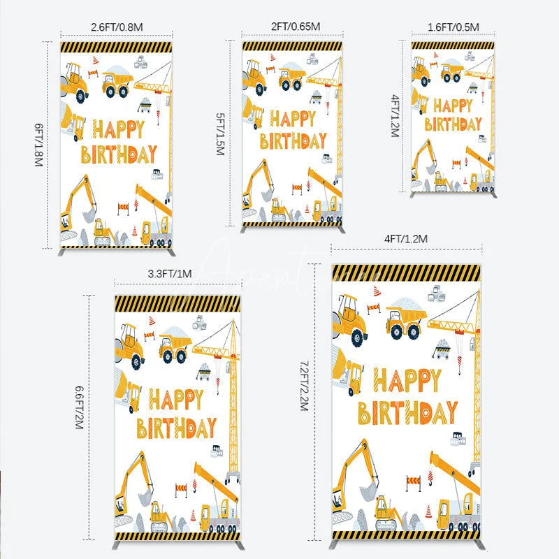 Aperturee - Aperturee Construction Rectangle Backdrop Happy Birthday Vehicles Truck Crane Party Supplies Decor