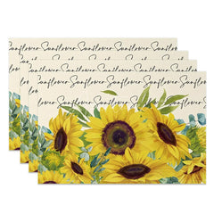 Aperturee - Aperturee Country Style Sunflower and Greenery Set of 4 Placemats for Rustic Farmhouse Kitchen and Dining Decor
