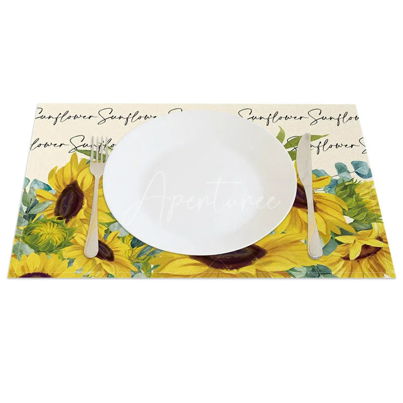 Aperturee - Aperturee Country Style Sunflower and Greenery Set of 4 Placemats for Rustic Farmhouse Kitchen and Dining Decor