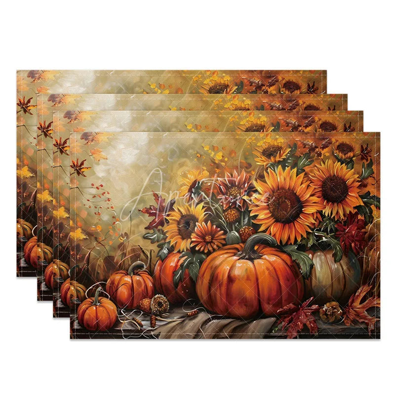 Aperturee - Aperturee Country Style Sunflower and Pumpkin Set of 4 Placemats for Fall Autumn and Thanksgiving Table Decor