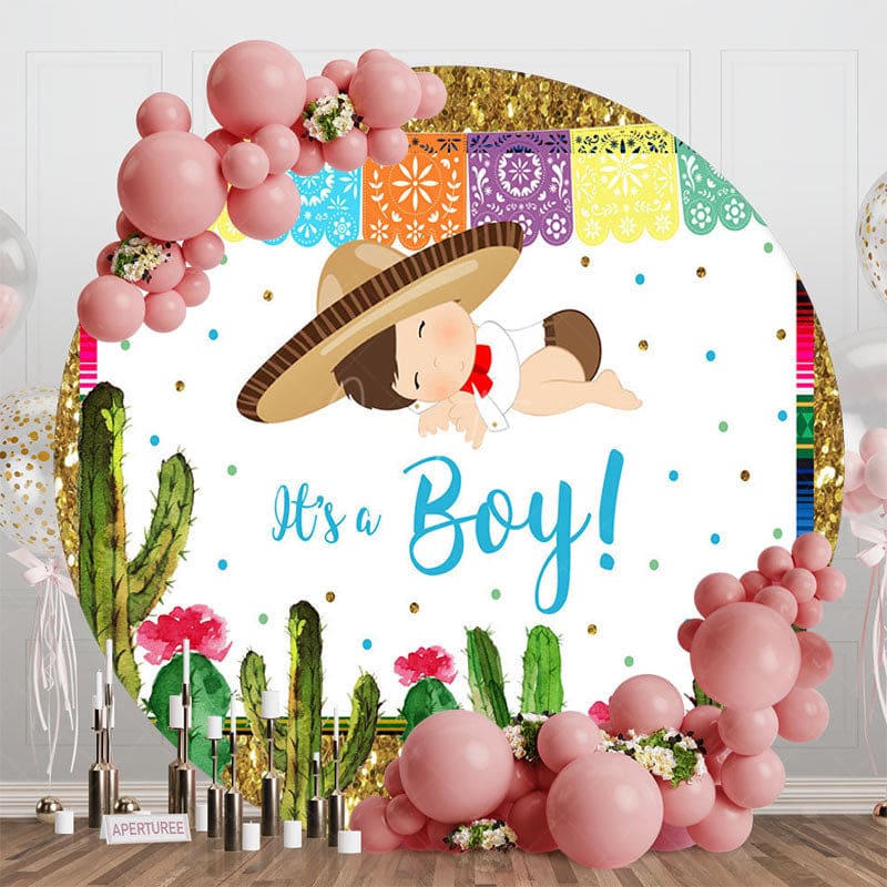 Aperturee - Aperturee Cowboy Cactus Its A Boy Round Gender Reveal Backdrop