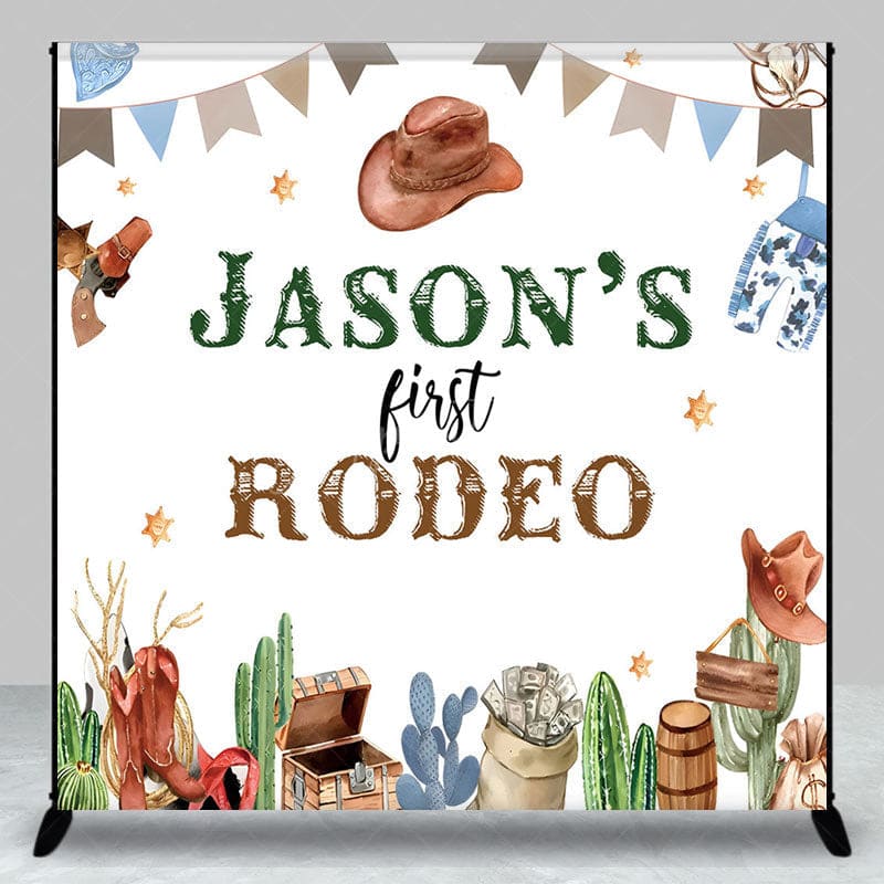 Aperturee - Aperturee Cowboy First Rodeo Custom Name Birthday Backdrop