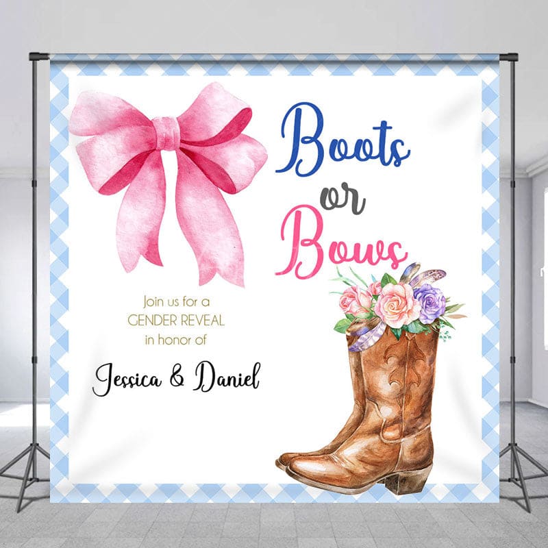 Aperturee - Aperturee Cowgirl Boots Bows Custom Name Gender Reveal Backdrop