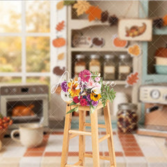 Aperturee - Aperturee Cozy Autumn Kitchen Window Photography Backdrop with Thanksgiving Pumpkins and Roasted Turkey Fall Harvest Decor