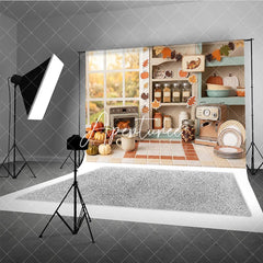 Aperturee - Aperturee Cozy Autumn Kitchen Window Photography Backdrop with Thanksgiving Pumpkins and Roasted Turkey Fall Harvest Decor
