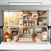 Aperturee - Aperturee Cozy Autumn Kitchen Window Photography Backdrop with Thanksgiving Pumpkins and Roasted Turkey Fall Harvest Decor
