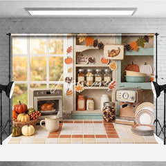 Aperturee - Aperturee Cozy Autumn Kitchen Window Photography Backdrop with Thanksgiving Pumpkins and Roasted Turkey Fall Harvest Decor