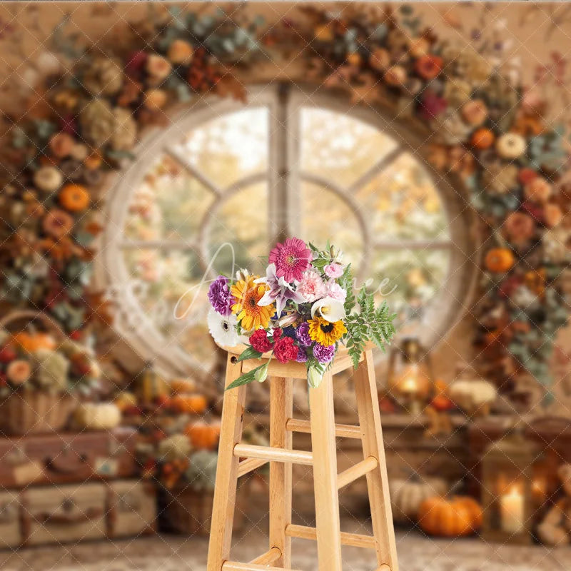 Aperturee - Aperturee Cozy Autumn Round Window Photography Backdrop with Pumpkins Floral Garland and Teddy Bears for Fall Decor