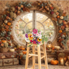 Aperturee - Aperturee Cozy Autumn Round Window Photography Backdrop with Pumpkins Floral Garland and Teddy Bears for Fall Decor