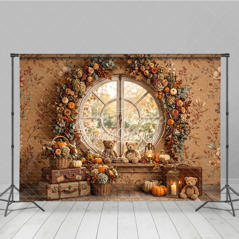 Aperturee - Aperturee Cozy Autumn Round Window Photography Backdrop with Pumpkins Floral Garland and Teddy Bears for Fall Decor