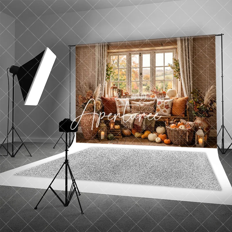 Aperturee - Aperturee Cozy Autumn Window Bench with Pumpkins and Fall Leaves Photography Backdrop Rustic Thanksgiving Harvest Decor