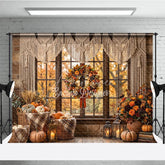 Aperturee - Aperturee Cozy Autumn Window Photography Backdrop with Macrame Valance Rustic Fall Wreath and Pumpkins Decor