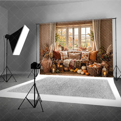 Aperturee - Aperturee Cozy Autumn Window Photography Backdrop with Pumpkins Fall Leaves and Rustic Decor for Harvest Season