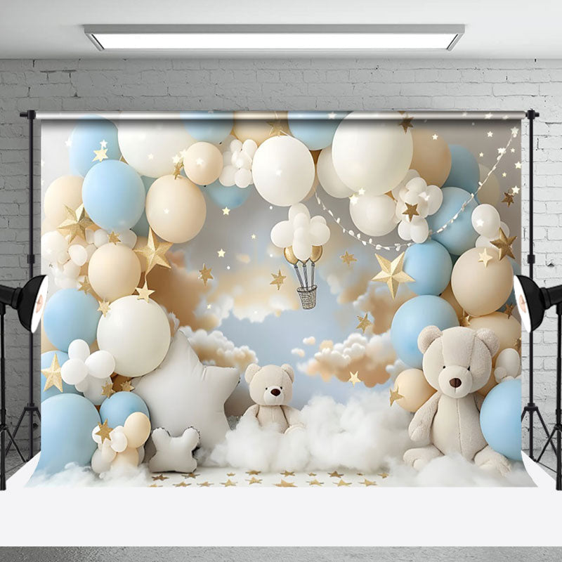 Aperturee - Aperturee Cozy Blue White Teddy Bear Balloon Cloud Backdrop