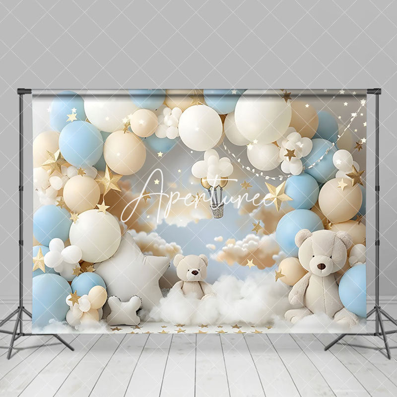 Aperturee - Aperturee Cozy Blue White Teddy Bear Balloon Cloud Backdrop