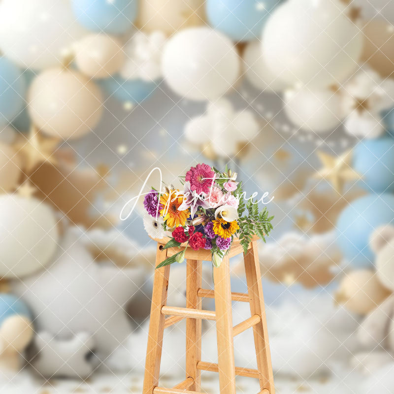 Aperturee - Aperturee Cozy Blue White Teddy Bear Balloon Cloud Backdrop