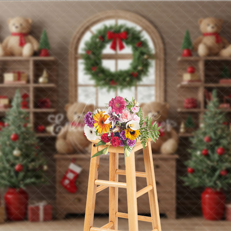 Aperturee - Aperturee Cozy Christmas Bookshelf Photography Backdrop Rustic Room with Teddy Bears Holiday Mini Session Background