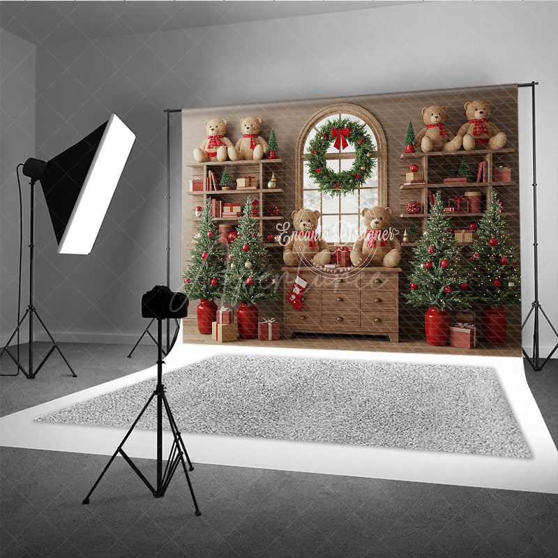 Aperturee - Aperturee Cozy Christmas Bookshelf Photography Backdrop Rustic Room with Teddy Bears Holiday Mini Session Background