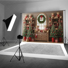 Aperturee - Aperturee Cozy Christmas Bookshelf Photography Backdrop Rustic Room with Teddy Bears Holiday Mini Session Background