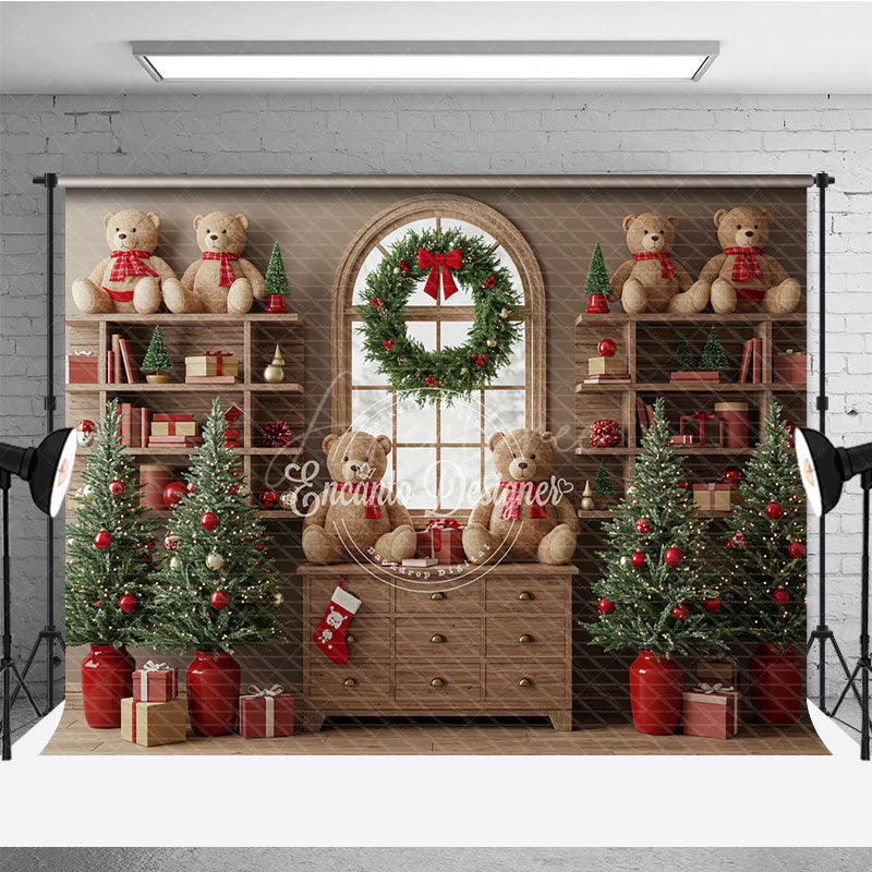 Aperturee - Aperturee Cozy Christmas Bookshelf Photography Backdrop Rustic Room with Teddy Bears Holiday Mini Session Background