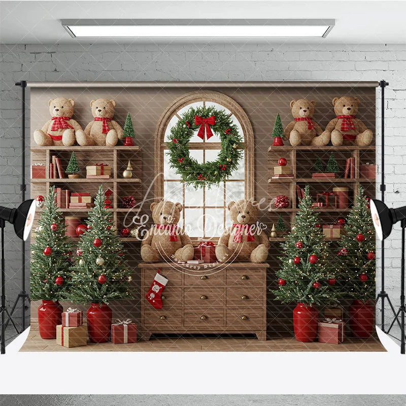 Aperturee - Aperturee Cozy Christmas Bookshelf Photography Backdrop Rustic Room with Teddy Bears Holiday Mini Session Background