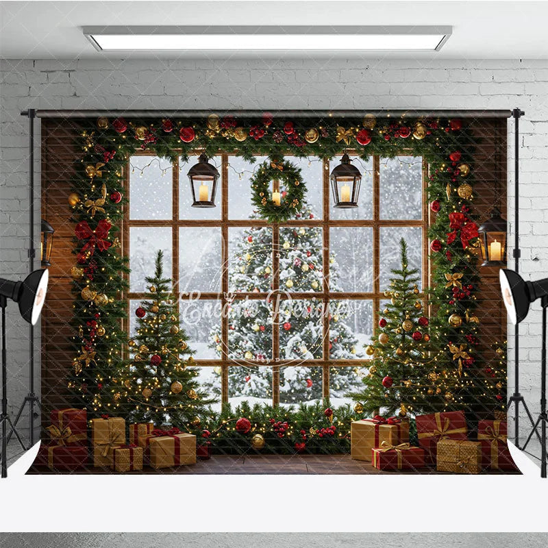 Aperturee - Aperturee Cozy Christmas Cabin Room Set Backdrop Rustic Window Scene with Teddy Bears Holiday Photo Studio with Rug Floor